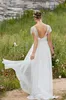 2015 Lihi Hod abito da sposa scollo a V manica corta Lombarole perline che bordano pizzo chiffon spiaggia Boho abiti da sposa bohemien