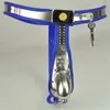 Manlig kyskhet enhet modell-y blå rostfritt stål bälte Justerbart kyskhetsbälte med penis bur sexleksaker J1035