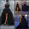 Elegante schwarze schulterfreie Ballkleider 2015 High Low Abendkleider Sexy rückenfreier Sweep Zug Tüll Satin formelle Partykleider nach Maß