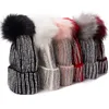 Dames fausse fourrure grand Pom Pom strass perles bonnet crâne casquette ample chaud tricoté chapeau de Ski A469