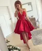 2018 Hilo Red Cocktail Dress Sexig Spaghettistrap Lace Satin Short Front Long Back Prom Dress Billiga formella klänningar Robe de Soiree1012003