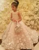 Schattige spaghetti handgemaakte bloemenmeisjes jurken booggordel kraal prinses kinderen vloer lengte bruidsmeisje jurk meisje optocht baljurk