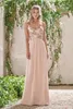 Goedkope rose gouden bruidsmeisje jurken een lijn spaghetti backless pailletten chiffon goedkope lange strand bruiloft windjurk meid van eer jurken