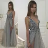 2020 New Silver Gray Evening Dresses V Neck Illusion Bodice Sequins Beaded Tulle Split Backless Berta Prom Dresses Evening Party Dresses 23