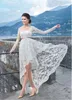 High Low Wedding Dresses Sash in Pink Square Neck Illusion Long Sleeves Lace Casual Bridal Gowns Flowing Keyhole Lace up Back Cheap