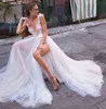 Berta Bohemian Backless Wedding Dresses Rephed a Line deep v Neck Split Side Lace Bridal Gowns Tulle Vestido de Novia242u