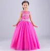 Wedding Party Jewel Neck Beaded Long Flower Girl Dresses Pleated Tulle Ruffled Floor Length Ball Gown Lace up Little Girl Birthday Dress