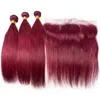 Brasiliansk vin röd silkeslen rakt mänskligt hår 3bundles med frontal 13x4 Burgundy 99J Virgin Hair Extensions med topp frontlin