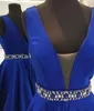 Prachtige A-lijn Blue Avondjurk Sexy Deep V-hals Open Back Ripper Up Custom Made Prom Jurken Formele Jurken Kristallen Beaded Taille