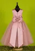 Amostra real Meninas Barato Pageant Vestidos Dusky Vestido da menina de flor rosa Jewel Neck mangas Handmade flores pétalas e Oversize Bow