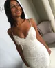 Sexy Beach Spaghetti Straps Mermaid Lace Wedding Dresses with Sweetheart 2018 Backless Tiers Skirt Long Train Garden Trumpet Bridal Gowns