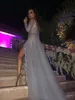 Sexy Silver Grey Evening Dresses Stunning Off the Shoulder Prom Party Gowns with Illusion Long Sleeves Sequins Beads High Split Formal Wear