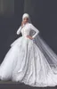 Skromna wysoka szyja Długie rękawy Muzułmańskie suknie ślubne Suknia Balowa Zroszony Koronki Suknie Ślubne z dworskim Train Custom Made Plus Size