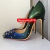 Free Fashion Damen Pumps blau grün Lackleder Spikes Nieten Punktzehe High Heels Kegelabsatz Schuhe Dame echtes Leder 120 mm