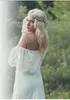 New Bohemian Wedding Dresses Casual Boho Bridal Gowns A Line Sheath Off the Shoulder Lace Brides Wear Court Train Portrait