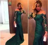 Gratis frakt 2020 Emerald Green Mermaid Lace Evening Dresses Custom Made Långärmad Kvinnor Prom Lyckor Formell Party Gowns Cheap