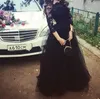 2016 Custom Long Fitted Prom Dresses Online Sexy Illusion Beaded Lace Applique Jewel 3/4 Lange Mouw Een lijn Zwart Formele avondjurken