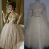 Real Image 2015 Prom Dresses V-Neck Lace Appliques/Beading/Sequins Sheer Long Sleeve Ball Gown Tulle Champagne Evening Dress Dhyz 01