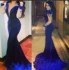 2015 Royal Blue Aftonklänningar Sheer Crew Neckline Beading Illusion Långärmad Beading Mermaid Velvet Court Train Evening Gowns Dhyz 01