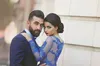 Joelho Comprimento Mangas Compridas Vestidos de Baile Saudita Árabe Azul Royal Lace Curto Vestidos de Festa Custom Made Plus Size Vestidos de Noite