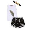 Girls Clothes 3PCS Baby Girls Summer Clothes Sets Feather Printing Vest Casual Tops+Dot Tassel Shorts Golden Headband Summer Clothes Sets