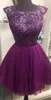 Charming Sexy A Line Short Purple Prom Dresses Sleeveless Crew Cut Out Back Sheer Bling Sequin Bridesmaid Dress Chiffon Evening Go245o