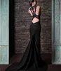 Prom Dresses Black Crew Dekretki Sheer Bodice Koronki Aplikacje Backless Rami Kadi Syrenka Suknie Wieczorowe