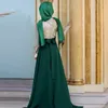New Hot Arabic Green Muslim Dubai Kaftan Evening Dresses Hijab Lace Prom Lokaler med Full Sleeves Golvlängd Vestido de Festa D036