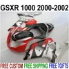 الشحن مجانا fairings تعيين لسوزوكي GSX-R1000 2000 2001 2002 الفضة أسود أحمر للدراجات النارية fairing kit K2 00 01 02 GSXR1000 YR16