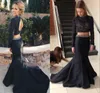 2016 Nero Due pezzi Prom Dresses Perline scintillanti Collo alto Manica lunga Gonna a sirena Abiti da sera Abiti da festa convenzionali su misura