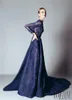 Royal Blue 2016 Ellie Saab Evening Dresses A-line Ruffles Beaded Appliques Lace Dresses Prom Party Gowns Long Sleeves Dubai Arabic Vestidos