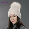 Njugfur casual vinter päls pompom hatt för kvinnor cashmere ull bomull hatt mössor stor riktig tvättbjörn päls pompom beanies cap fox päls bobble hatt