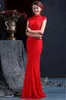 Yüksek Kalite Yüksek Boyun Kolsuz Çin Mermaid Cheongsam Gelinlik 2015 Kat Uzunluk Fermuar Geri Kırmızı Dantel Gelinlik Gelin Kıyafeti