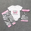 Roupas de bebê menina conjunto roupa de criança Romper de algodão + Zebra calças + Hat + arco Headband 4PCS Daddy mamãe Miracle Kids Girls Outfits