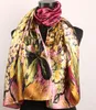 1pcs Peach Plum Gold Lily Flower And Leaves Scarves Women's Fashion Satin Oil Painting Long Wrap Shawl Beach Silk Scarf 160X50cm