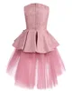 Cute cor-de-rosa concurso vestidos jóia pescoço sem mangas laço curto estiário ruffles meninas meninas tule saia festa de aniversário real imagem real