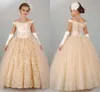 2018 Cheap Flower Girls Dresses For Weddings Off Shoulder Champagne Lace Ball Gown Birthday Dress Children Party Kids Girl Pageant Gowns