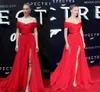 Vestidos de noite tapete vermelho 2020 fora do ombro uma linha lado dividir vermelho chiffon longo vestidos de fiesta vestido de baile celebridade vestidos formais