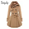 Partihandel- Sisjuly Women Winter Autumn Trench Coat Woolen Double Breasted Long Sleeve Belt Red Slim Womens Khaki