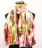 1pcs Red Pink Cherry Blossoms Fences Scarves Gold Women's Fashion Satin Oil Painting Long Wrap Shawl Beach Silk Scarf 160X50cm