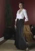 2019 Schwarz-Weiß-Mutter der Braut des Bräutigams mit V-Ausschnitt, maßgeschneidertes formelles Abendkleid in Übergröße, lange Ärmel, bodenlang A7172107