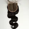 Billiga malaysiska jungfruliga mänskliga hårfri del spetsstängning Kroppsvåg spetsens framstängning blekt knutar med babyhår 5x5 ''