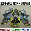 7 Prezenty Doskonałe dopasowanie do SUZUKI GSX-R600 GSX-R750 01 02 03 Zestaw do obróbki K1 GSXR600 / 750 2001-2003 Yellow Black Fairings Set XA90