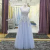 Robes de soirée bleu clair longues robes de bal col en v sans manches plis tulle appliques florales avec robe formelle de perles