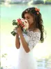 Wspaniała Syrenka Krótkie Rękawy Suknie Ślubne Iluzja Przyciski portretowe Lace-Up Sweep Pociąg Garden Country Style Suknie Ślubne Custom Made