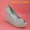 Silber Strass Hochzeit Schuhe Keil Peep Toe 2015 Kristalle Maßgeschneiderte Frauen Pumpen Plattform Party High Heels Silber Gold Verfügbar