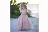 ピンクの花の女の子のドレスの結婚式のレースアップリケのためのフリル子供のフォーマルな身に着けているノースリーブの長いビーチの女の子のページェントガウン