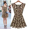 Atacado-Novo 2015 Venda Quente Sexy Leopard Vestido Feminino Casual Sem Mangas Babados Vestidos Vestidos Femininos Roupas Femininas Menina Vestido de Verão