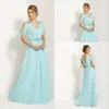 Elegant A Line V-neck Light Blue Mother of the Bride Dresses Formal Suit with Short Sleeve Floor Length Bridal Party Gowns 2015