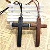 Discount wooden cross pendant necklace vintage beads leather cord sweater chain men women jewelry handmade stylish 15pcs235u